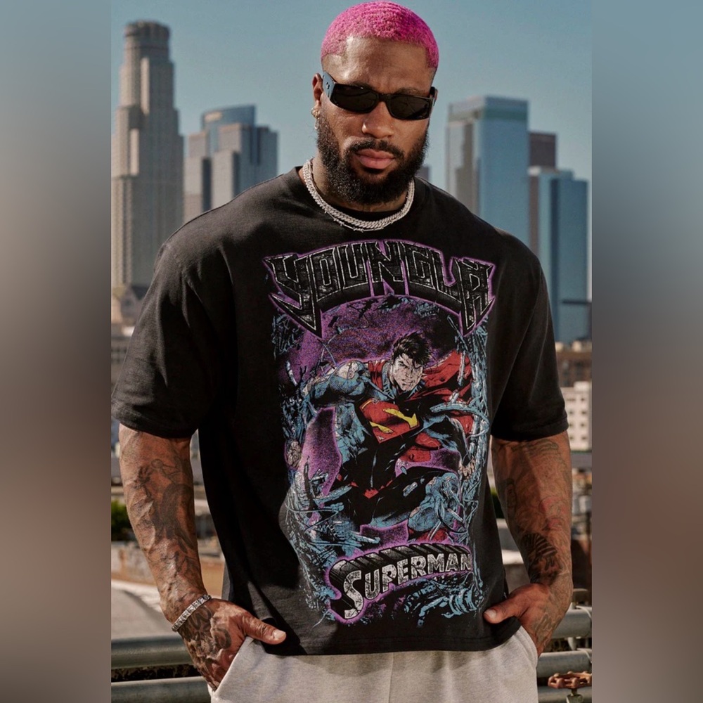 YoungLA Black Graphic Superman Short Sleeve Tee with Purple and Red Accents